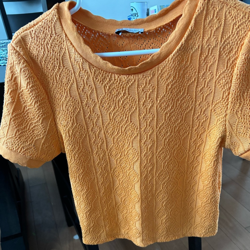 Zara Vibrant Orange Short Sleeve Knit Top